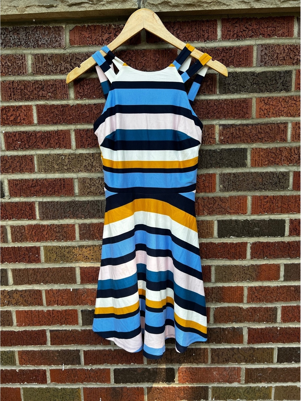 IZ Byer Blue and Cream Striped Fit and Flare Halter Mini Dress